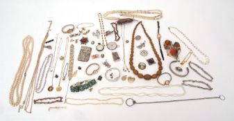 Mixed Lot: faux pearls, beads, brooches, Scottish plumes etc