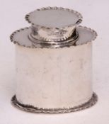 Late Victorian tea canister of oval form with crimped rim and pull off cover, height 7cms, weight