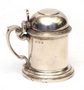 George V lidded mustard modelled in the form of a beer mug with fitted blue glass liner, height 6.
