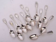 Mixed Lot: twelve various Fiddle pattern tea spoons, all initialled, combined wt approx 200gms,