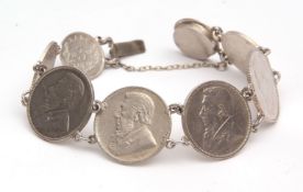South African silver coin bracelet comprising 2 x one shilling, 2 x six shillings and 2 x three