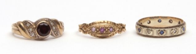 Mixed Lot: 9ct gold antique three stone amethyst ring, a modern 9ct gold paste set eternity ring