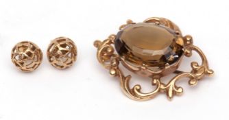 Mixed Lot: 9ct gold and citrine brooch, the oval faceted citrine 20 x 15mm, claw set in an