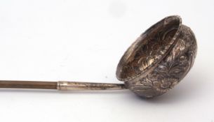 Late 18th/early 19th century hallmarked silver and whalebone toddy ladle, the circular baluster bowl