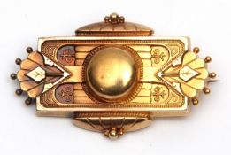 Antique Etruscan 15ct yellow gold brooch, circa 1880, rectangular shape and typically decorated with