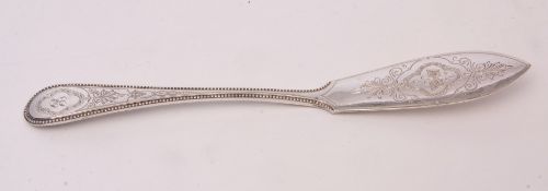 Victorian Old English bead and engraved butter knife, initialled, length 20cms, weight approx 55gms,