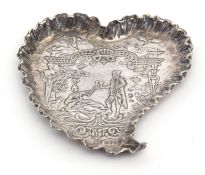 Victorian pin tray, of stylised heart shaped form with crimped rim and cast to the centre with