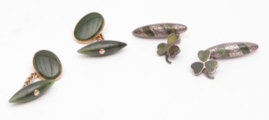 Mixed Lot: pair of vintage jade and yellow metal cuff links, oval polished jade panel in a 9ct
