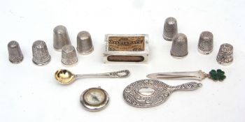 Mixed Lot: nine various hallmarked silver thimbles, together with a small matchbox cover, silver