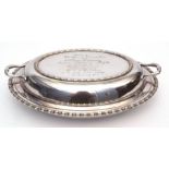 Early 20th century electroplated and lidded serving dish of oval form with cast and applied beaded