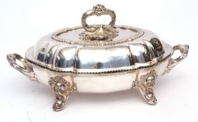 Late 19th century electro-plated serving dish, the shaped oval cover with contemporary armorial