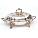 Late 19th century electro-plated serving dish, the shaped oval cover with contemporary armorial