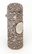 Victorian silver cased clear glass scent bottle, the cylindrical case with hinged cover and all over