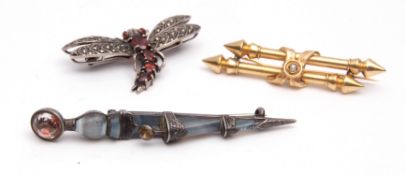 Mixed Lot: yellow metal bar brooch, two cylindrical bars with cone finials joined by a seed pearl