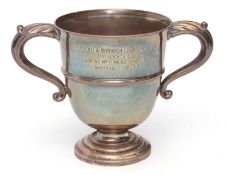 George V two-handled presentation engraved trophy cup of goblet form with girdled body and two