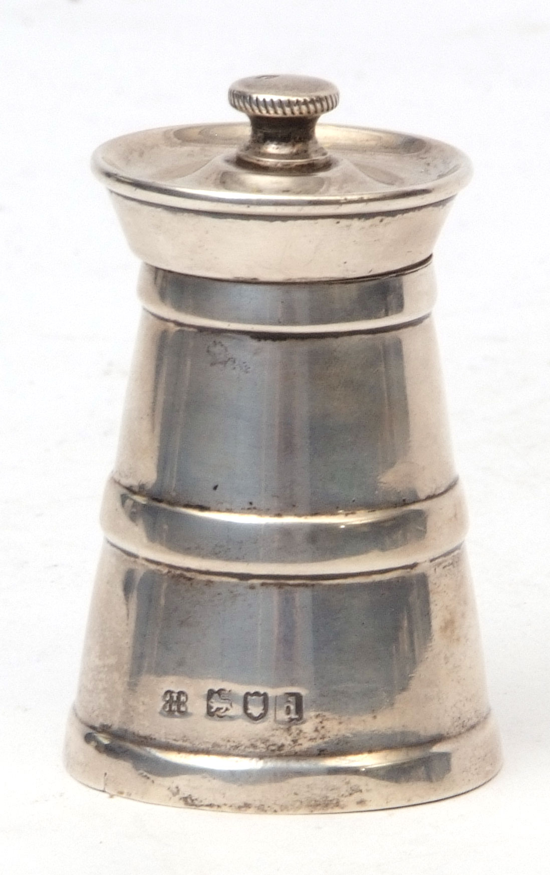 Late Victorian pepper grinder modelled in the form of a milk churn, with banded body and fitted