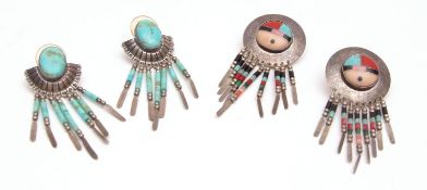 Mixed Lot: pair of white metal Aztec design earrings, shield shape with coloured central detail with