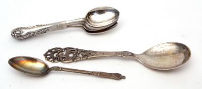 Six hallmarked silver tea spoons, together with a further Continental serving spoon with cast handle