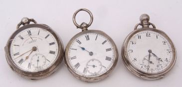 Mixed Lot: three various silver cased open face pocket watches, comprising two key-wound and one