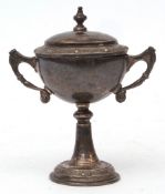 George VI Irish lidded two-handled trophy cup with pull off cover, polished body, knopped stem on