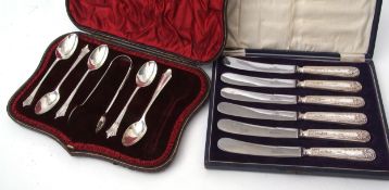 Mixed Lot: cased set of six each silver handled tea knives, together with a further cased set of