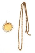 Victorian half sovereign necklace, dated 1896, in a 9ct gold hallmarked scroll mount, suspended from