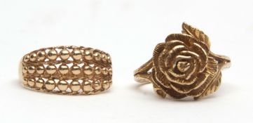Mixed Lot: two 9ct stamped rings, one an open rosebud, together with a beaded designed ring, 8gms (
