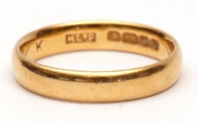 22ct gold wedding ring, plain polished design, hallmarked Sheffield 1950, size J, 3.3gms