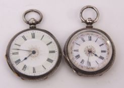 Mixed Lot: two late 19th century Swiss silver cased open face cylinder fob watches, each with