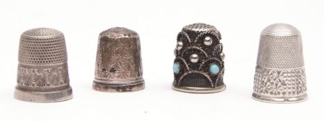 Mixed Lot: three silver thimbles, one stamped with makers mark C H, together with a beaded turquoise