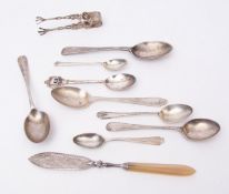 Mixed Lot: eight various spoons, combined weight approx 141gms, together with a cast pair of sugar
