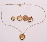 Mixed Lot: four 9ct back and front heart shaped lockets together with an engraved circular back