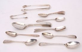 Mixed Lot: four George III Irish Fiddle pattern dessert spoons, crested Dublin 1809, makers mark RS,