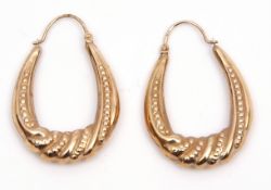 Pair of 9ct gold hollow hoop shaped earrings, with a fluted and bead design, 3.5gms