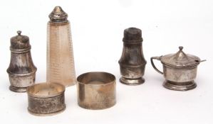 Mixed Lot: three-piece cruet set comprising salt and pepper casters and lidded mustard, together