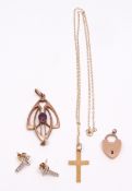 Mixed Lot: Art Nouveau pendant, openwork design with a central oval amethyst and seed pearl dropper,