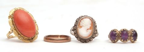 Mixed Lot: 9ct gold wedding ring, hallmarked London 1998, 2.6gms; 9ct and amethyst ring, cameo and