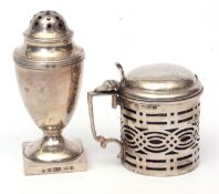 Mixed Lot: urn shaped pepper caster, Birmingham 1884, makers mark GU, together with a lidded mustard