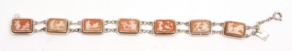 White metal cameo bracelet, having seven rectangular shaped hard stone cameos depicting classical