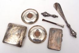 Mixed Lot: two various cigarette cases, each of hinged rectangular form together with two silver pin