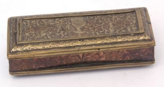 Late 18th/early 19th century Dutch copper and brass tobacco box of rectangular form, the hinged