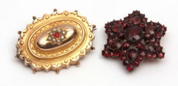 Mixed Lot: Victorian 9ct gold embossed brooch, oval shaped with a seed pearl and ruby stone