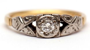 Antique precious metal single stone diamond ring, the brilliant cut diamond 0.15ct approx in a bezel