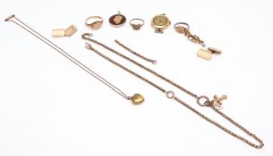 Mixed Lot: 9ct gold signet ring, broken yellow metal chain, pair of gold fronted cuff links,