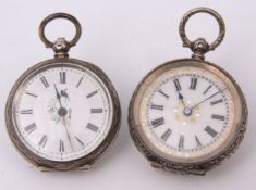 Mixed Lot: two various late 19th century Swiss silver faced open face key wind cylinder fob watches,