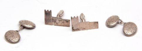 Mixed Lot: pair of silver hallmarked cuff links, plain polished panel design of churches, hallmarked