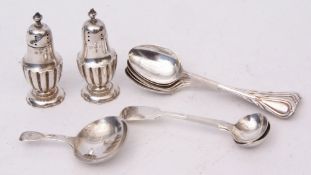 Mixed Lot: pair of small baluster pepper casters together with six coffee spoons, pair of salt