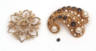 Mixed Lot: "Nina Ricci", circa 1970s faux pearl and crystal design brooch, together with a 1960s