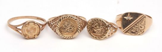 Group of three 9ct gold rings, one yellow metal ring, three coin set, plus a signet ring, part