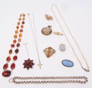 Mixed Lot: Bohemian style starburst cluster brooch, gilt metal fob watch, amber type necklace,